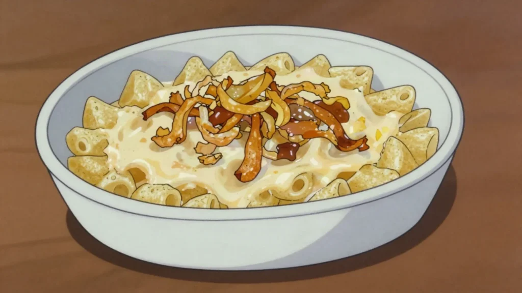 Älplermagronen, alpine macaroni-potato-cheese bake served with applesauce, Switzerland main, anime style