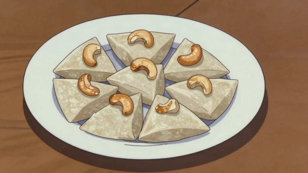 Aluwa, diamond-cut sweet of rice flour and treacle, firm and lightly cardamom-scented, Sri Lanka dessert, anime style