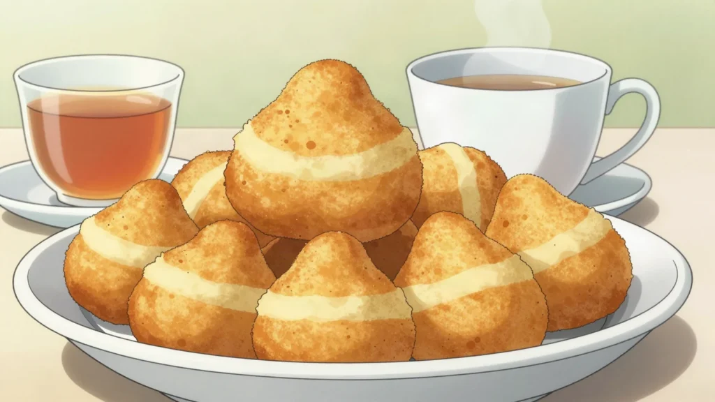 Amandazi, dense sweet fried dough enjoyed with tea, Rwanda snack, anime style