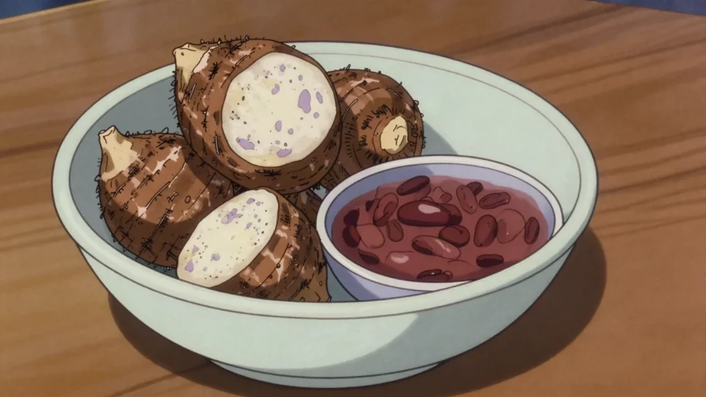Amateke, taro corms boiled and served in their skins beside beans or stew, Rwanda salad & side, anime style