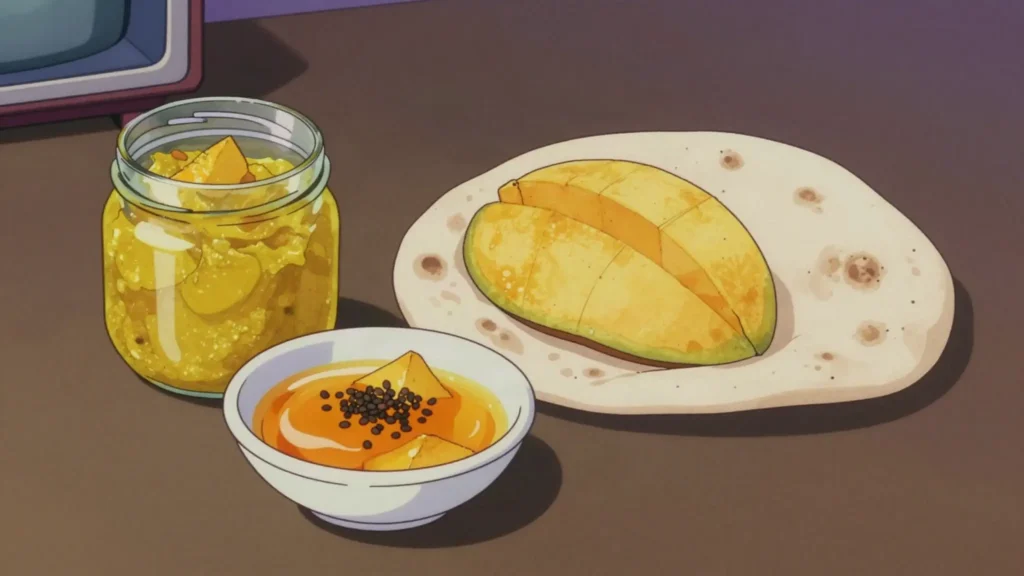 Amba, fenugreek-turmeric pickled mango sauce, Basra's gift to falafel stands, Iraq sauce & condiment, anime style
