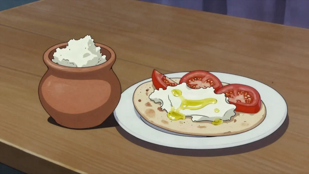 Ambaris, sharp fermented goat cheese layered with salt in a jar over months, Lebanon cheese & dairy, anime style