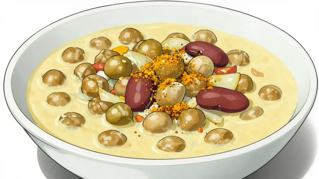 Ambrevades au coco, pigeon peas stewed in coconut milk, Comoros salad & side, anime style