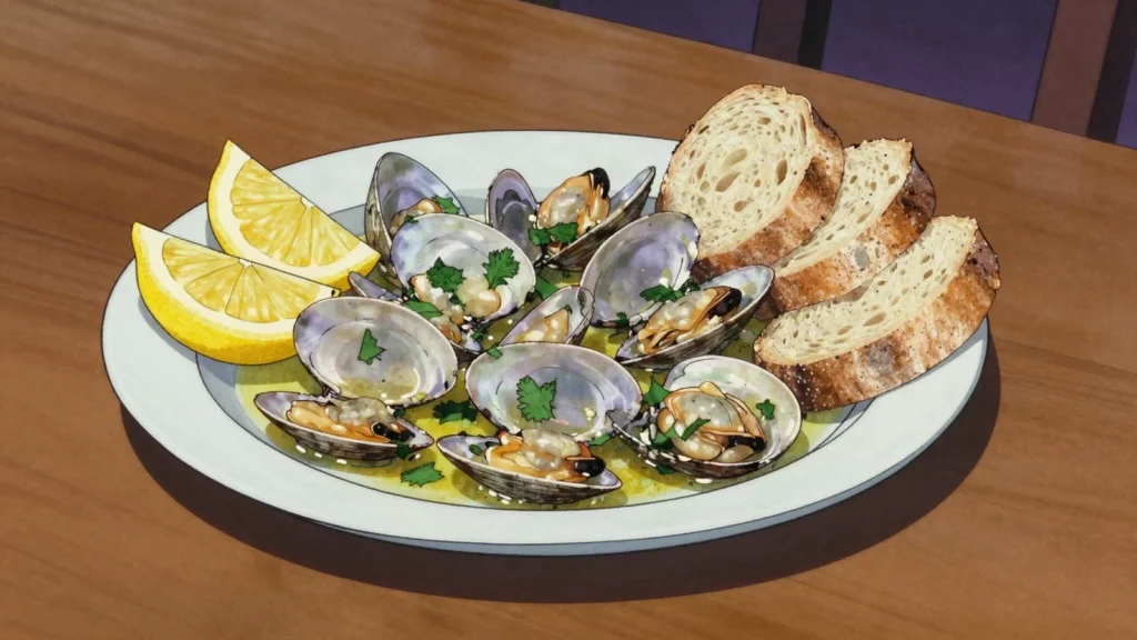 Amêijoas à Bulhão Pato, clams in garlic, cilantro and white wine, Portugal snack, anime style