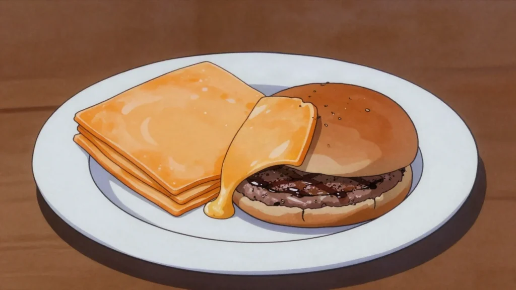 American cheese, orange processed slices that melt without breaking, the burger's, United States cheese & dairy, anime style