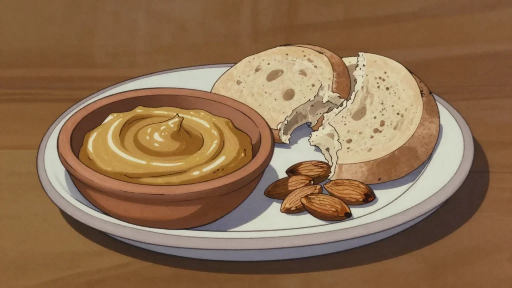 Amlou, thick dip of argan oil, roasted almonds and honey, spread on bread, Morocco sauce & condiment, anime style