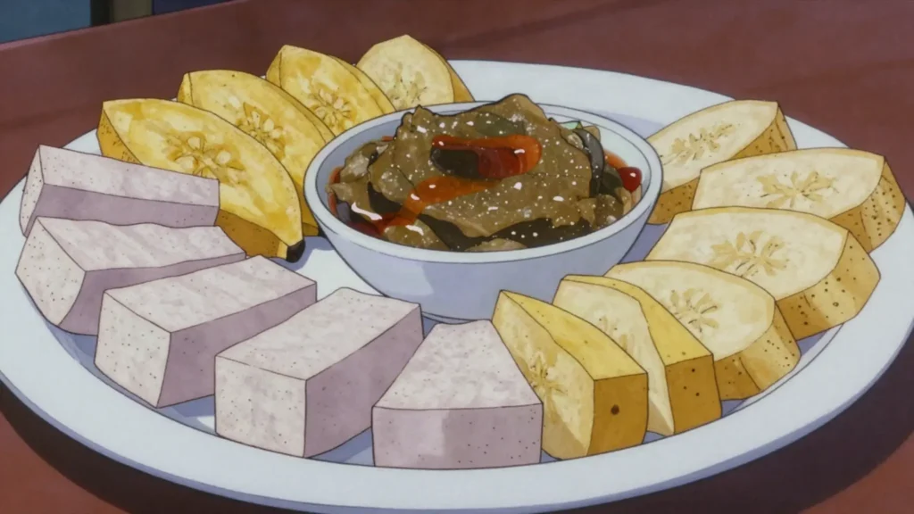 Ampesi, boiled yam, cocoyam or plantain served with garden-egg or kontomire stew, Ghana main, anime style