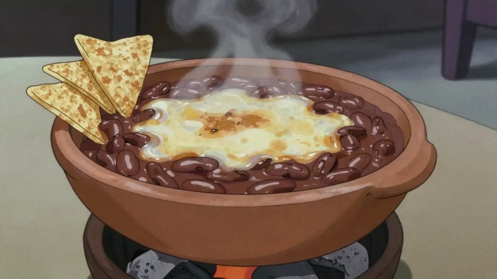 Anafres, refried beans and cheese bubbling in a clay brazier, scooped with tortilla chips, Honduras snack, anime style