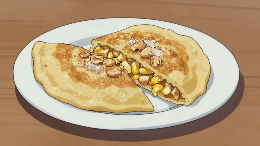 Apam Balik, crisp-folded peanut pancake with sweet corn and butter, Malaysia street food, anime style