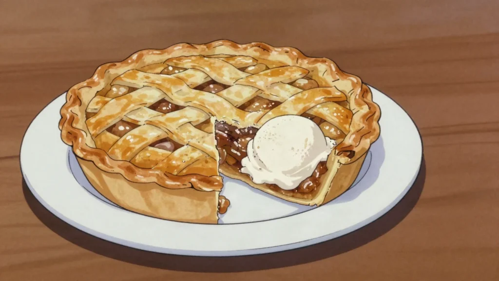 Apple pie, spiced apples baked in double crust; the national dessert, United States dessert, anime style