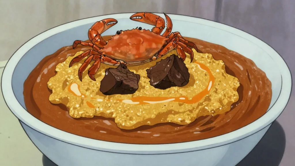 Aprapransa, roasted corn flour stirred into palm soup with crab and beef, Ghana main, anime style