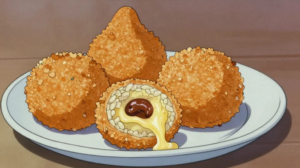Arancini, sicilian fried rice balls stuffed with ragù, mozzarella, Italy street food, anime style
