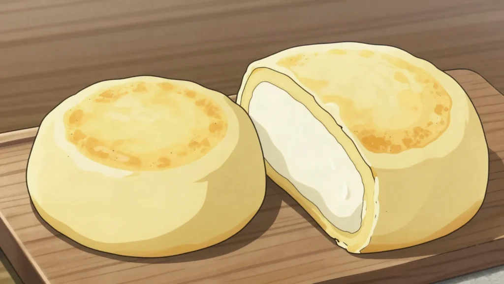 Arepa boyacense, sweet maize-and-wheat arepa filled with fresh cuajada curd, Colombia bread & pastry, anime style