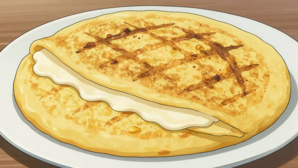 Arepa de choclo, sweet young-corn arepa griddled and folded around melting white cheese, Colombia bread & pastry, anime style