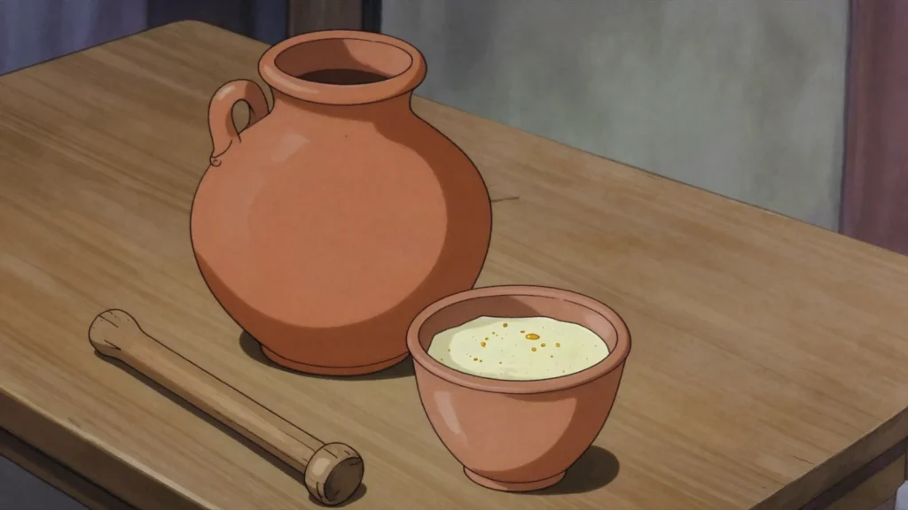 Arera, tart skimmed buttermilk left after churning, drunk cold or curdled into ayib, Eritrea cheese & dairy, anime style