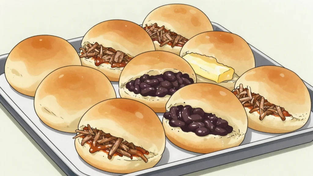 Arreglados, small soft rolls split and filled with shredded beef, cheese or beans, Costa Rica street food, anime style