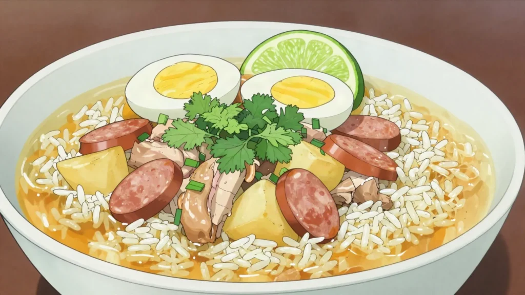 Arroz atollado, soupy rice cooked with pork, chicken, potato and coriander, Colombia main, anime style