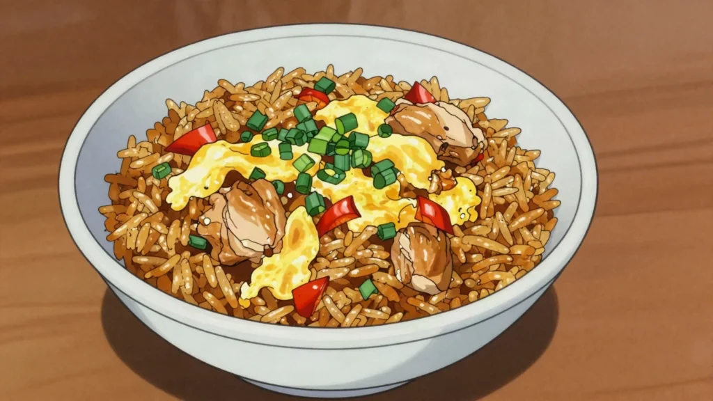 Arroz chaufa, peruvian-Chinese fried rice with soy, scallions and chicken, Peru main, anime style