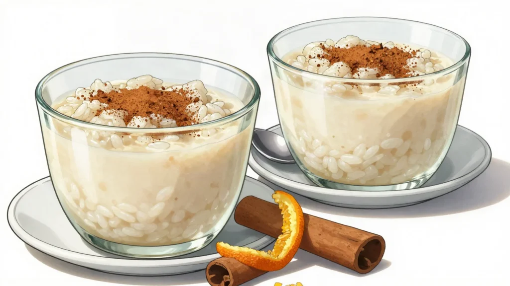 Arroz con leche, creamy cinnamon rice pudding, Costa Rica dessert, anime style