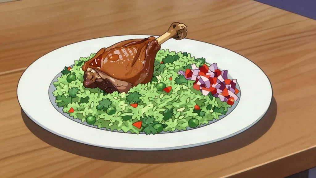 Arroz con pato, duck rice tinted green with cilantro and dark beer, northern classic, Peru main, anime style