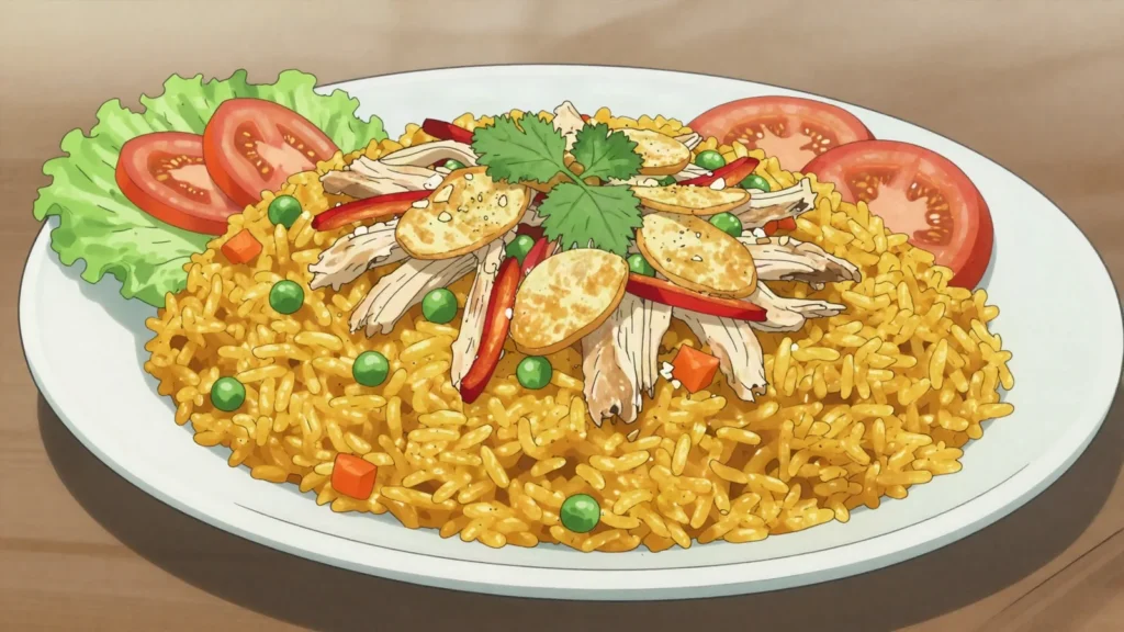 Arroz con pollo, golden rice baked with chicken, peppers, and beer, Cuba main, anime style
