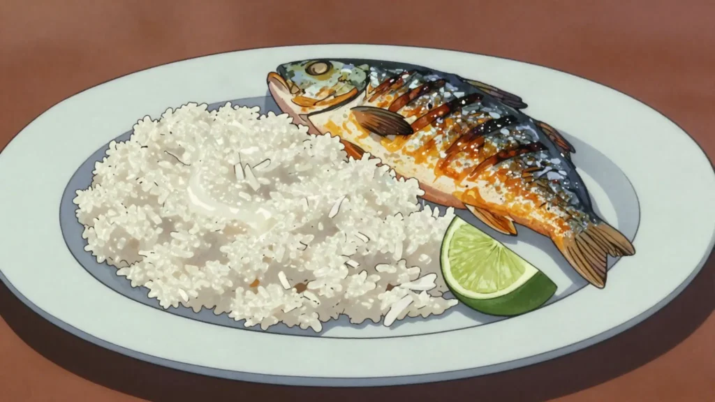 Arroz de coco, rice cooked in coconut milk until creamy, served with grilled fish, Guinea-Bissau main, anime style