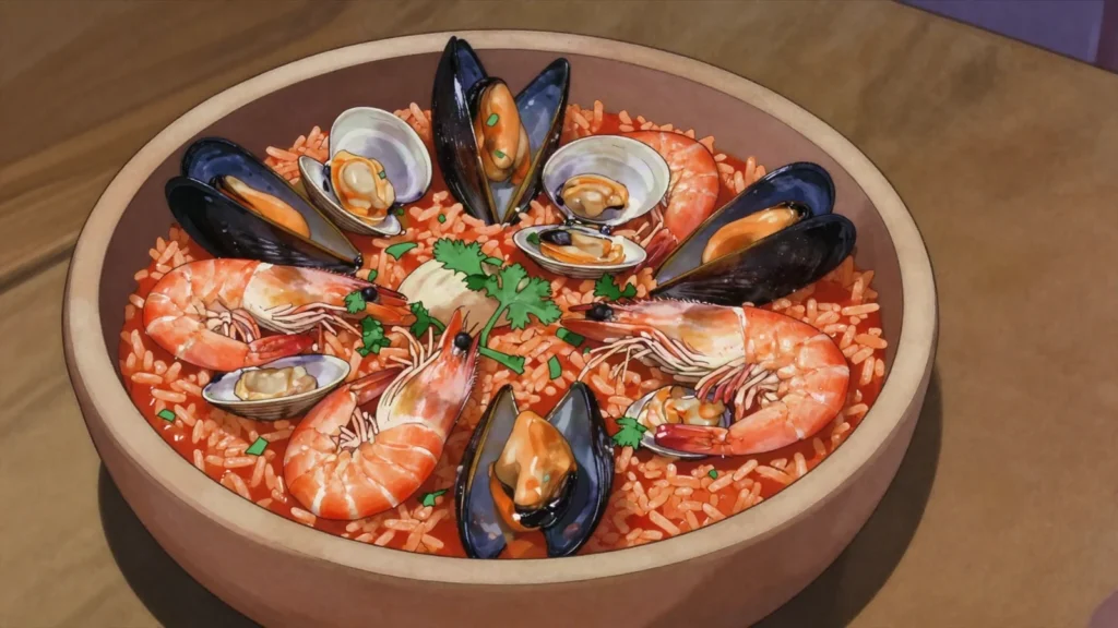 Arroz de marisco, brothy tomato rice loaded with shellfish, Portugal main, anime style