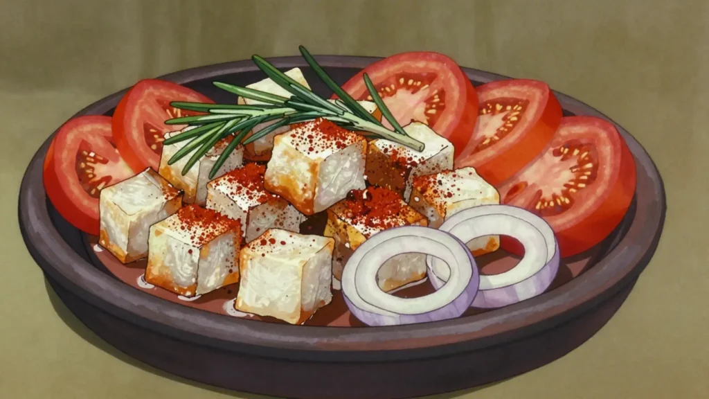 Asa tibs, cubed lake fish fried with onion, chili and rosemary, Ethiopia main, anime style