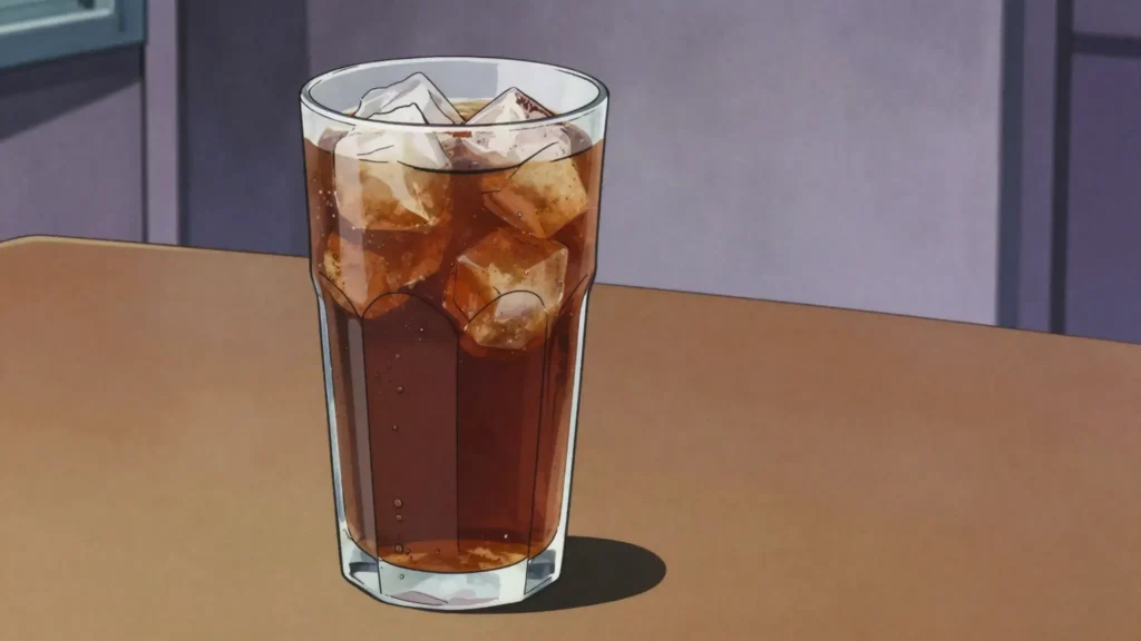 Asaana, dark caramel-sweet drink of roasted fermented maize, served over ice, Ghana drink, anime style