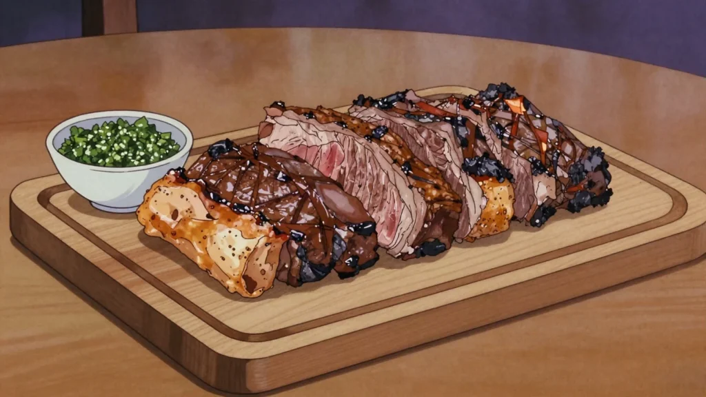 Asado con cuero, beef roasted in its own hide beside an open fire, for large gatherings, Uruguay main, anime style