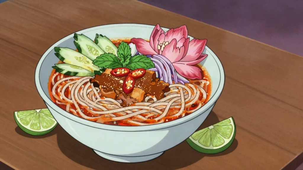 Asam Laksa, penang's sour mackerel-tamarind noodle soup with torch ginger, Malaysia soup & stew, anime style