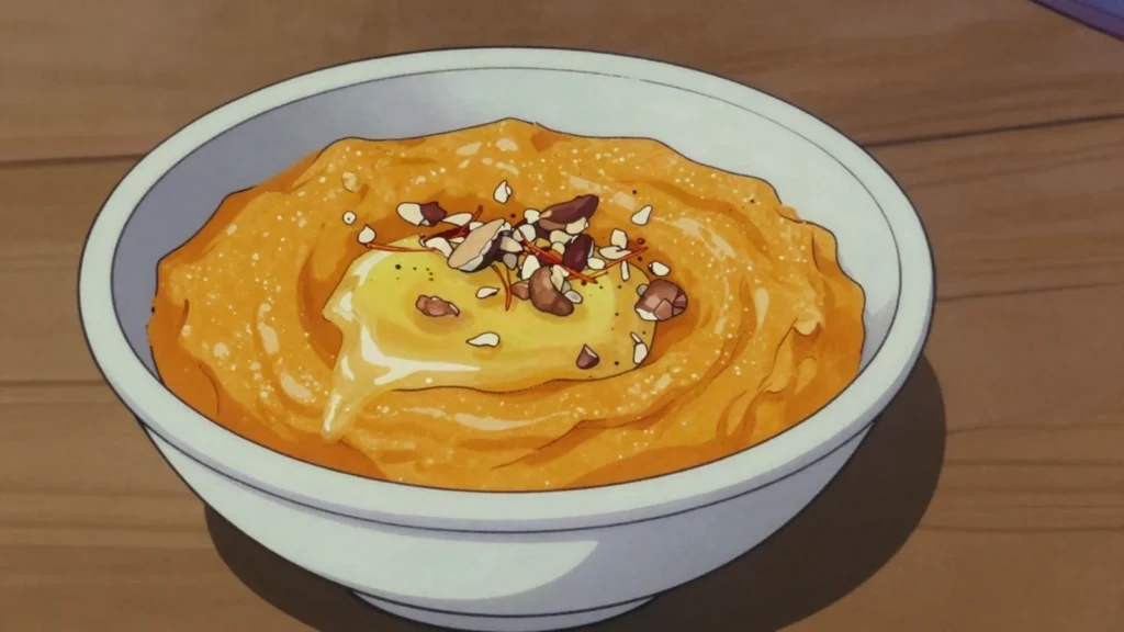 Aseeda bobar, pumpkin porridge with saffron, cardamom and date syrup, United Arab Emirates dessert, anime style