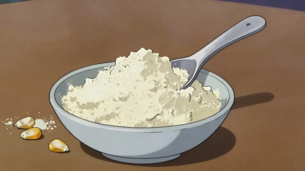 Asham, parched corn ground fine with sugar, eaten dry by the spoonful, Jamaica snack, anime style