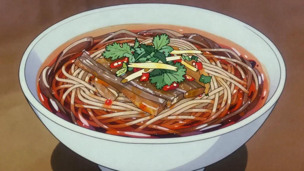 Ashlan-fu, cold spicy-vinegar noodle soup with starch jelly; Karakol icon, Kyrgyzstan soup & stew, anime style