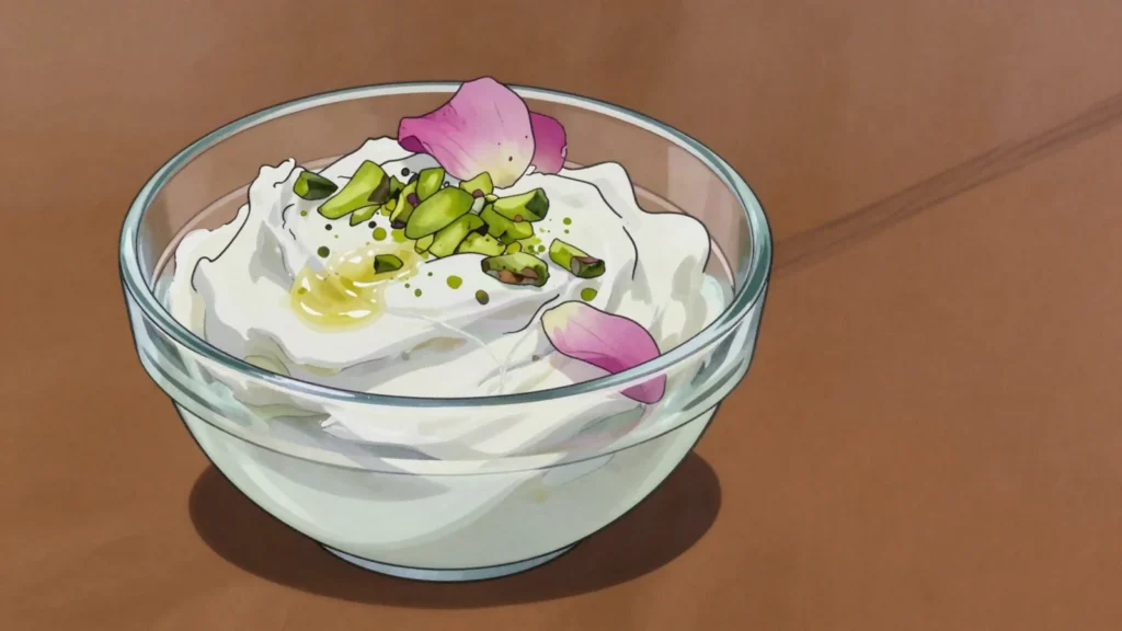 Ashta, thick clotted cream perfumed with rose and orange blossom, Lebanon cheese & dairy, anime style