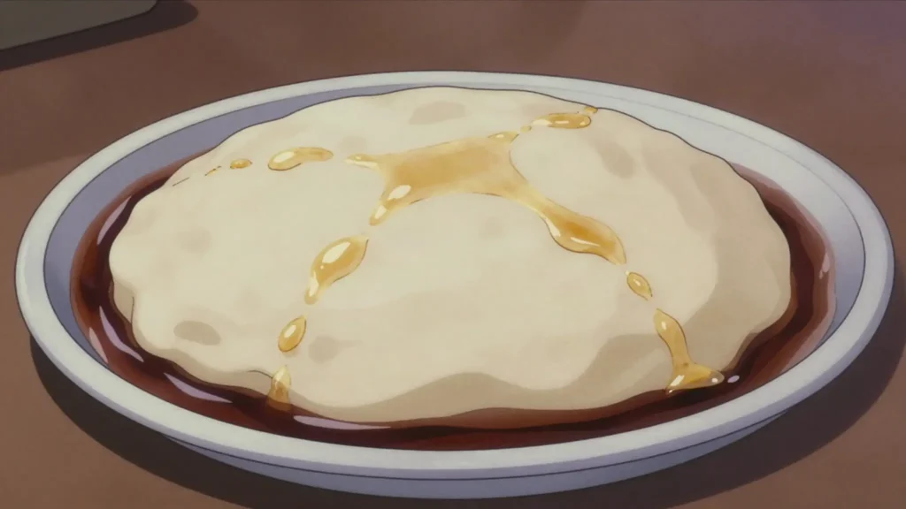 Asida, smooth wheat-flour dome pooled with date syrup and butter; birth celebrations, Libya dessert, anime style