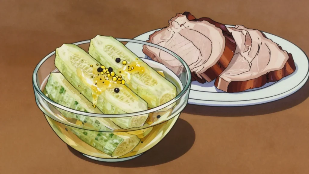 Asier, peeled cucumber pickled sweet and sour, sliced onto pork and meatballs, Denmark fermented & pickled, anime style