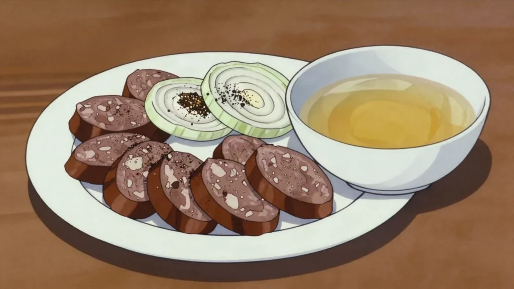 Asip, sheep intestine stuffed with rice, liver and fat, boiled in broth, Kazakhstan charcuterie & cured, anime style