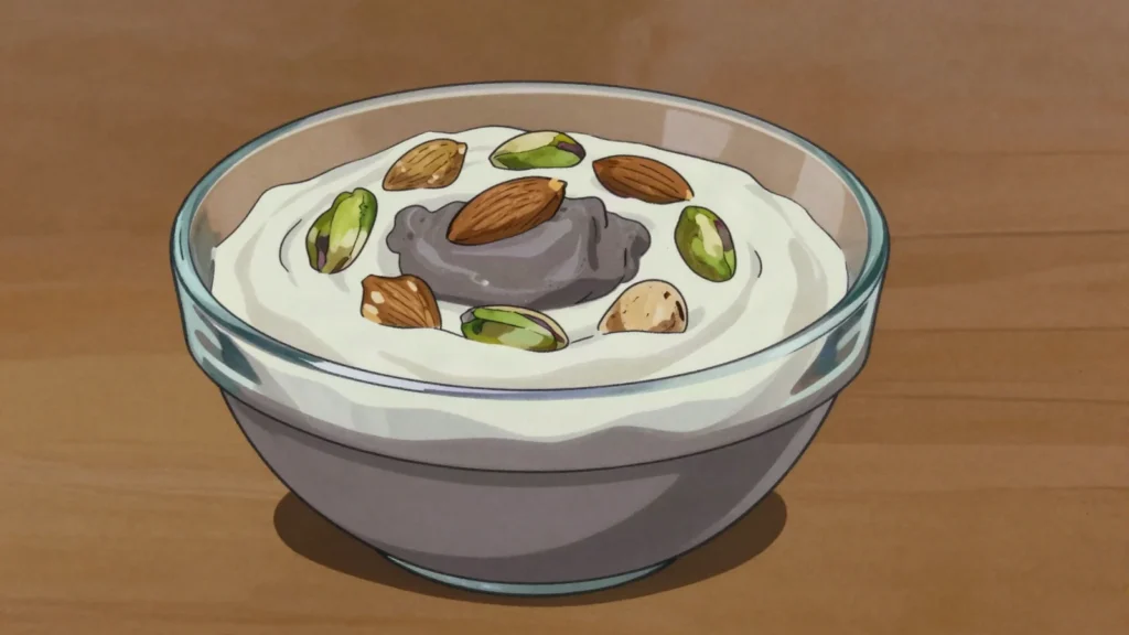 Assidat zgougou, aleppo-pine cream pudding layered with custard and nuts for Mouled, Tunisia dessert, anime style