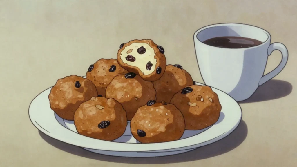 Ástarpungar, small raisin doughnut balls fried in fat and eaten with coffee, Iceland dessert, anime style