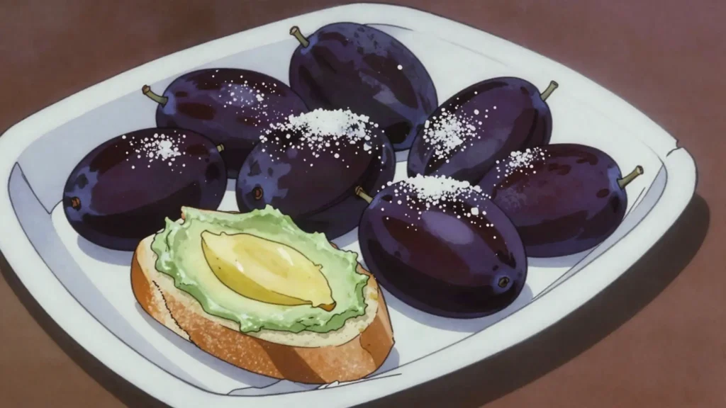 Atanga, boiled bush-butter fruit, salted, spread on baguette, Gabon snack, anime style