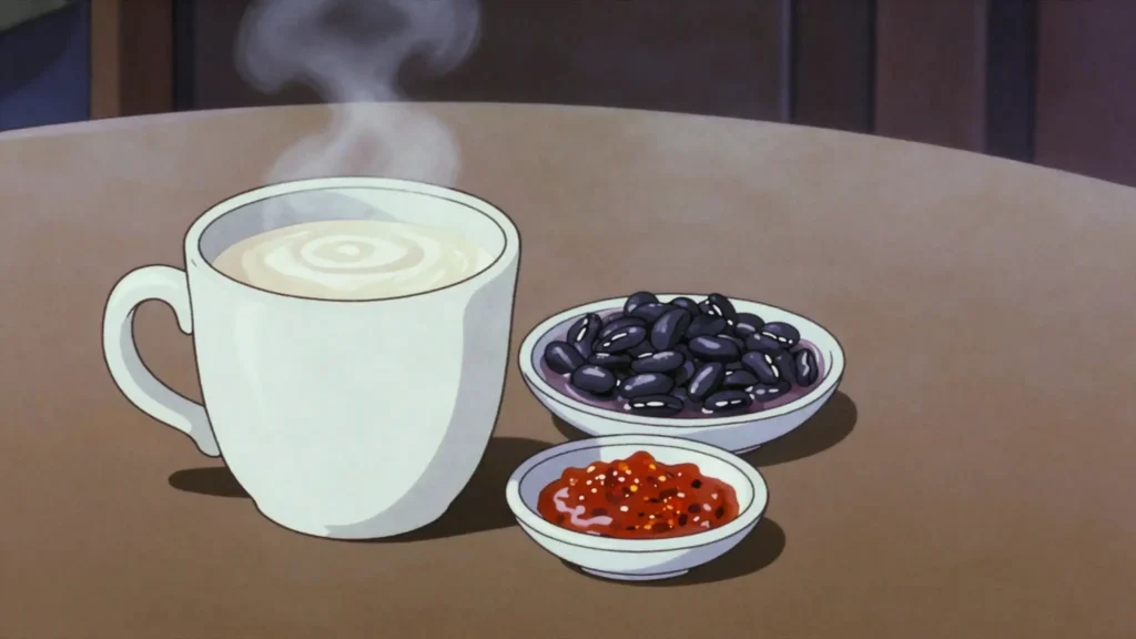 Atol blanco, unsweetened white corn atol drunk hot with black beans and chile sauce, Guatemala drink, anime style