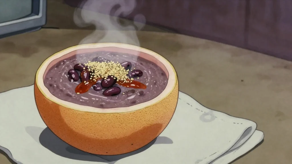 Atol shuco, thick purple-corn atol with beans and pumpkin-seed alguashte, El Salvador drink, anime style
