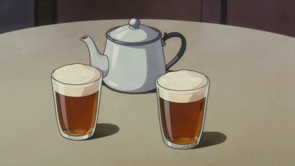 Attaya, long social brewing of green tea, poured frothy in small glasses, Gambia drink, anime style