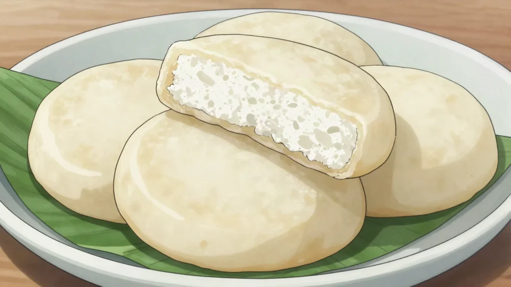 Attoukpou, flat round steamed cassava cake, denser cousin of attiéké, Côte d'Ivoire snack, anime style