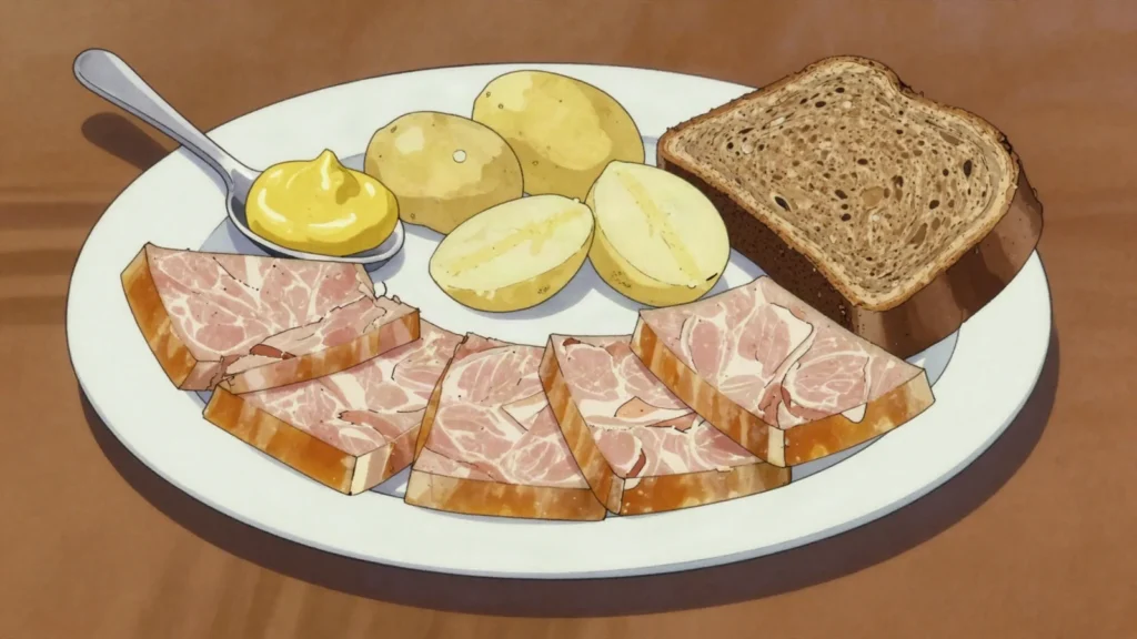 Aukstā gaļa, jellied pork set in its own broth, sliced and eaten with mustard, Latvia charcuterie & cured, anime style