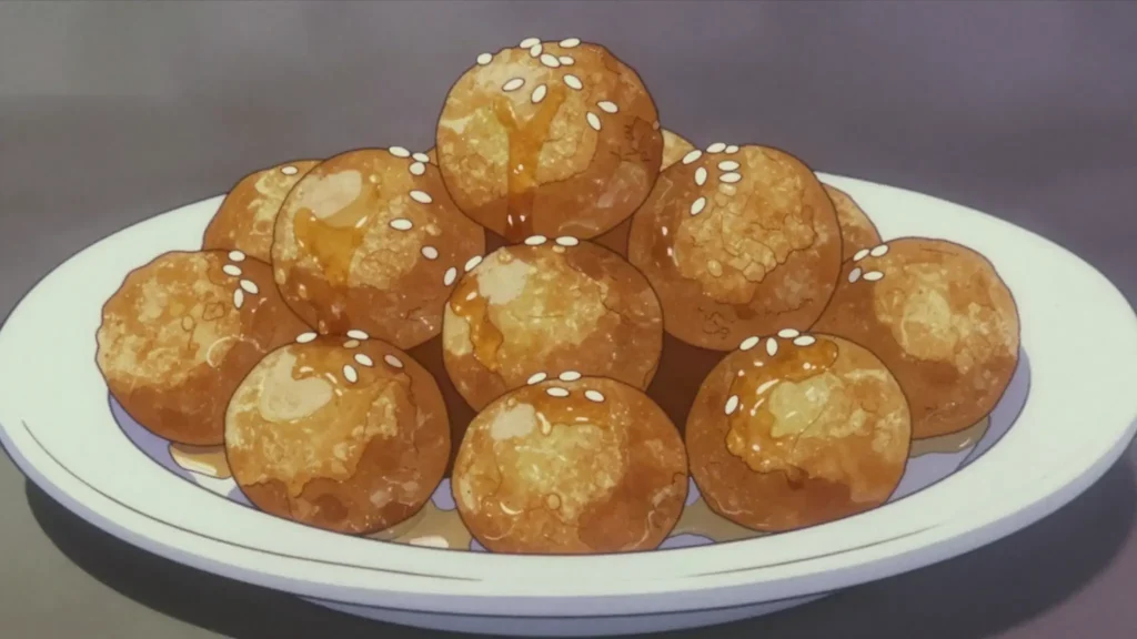 Awameh, crisp fried dough balls rolled in syrup and sesame, Jordan dessert, anime style