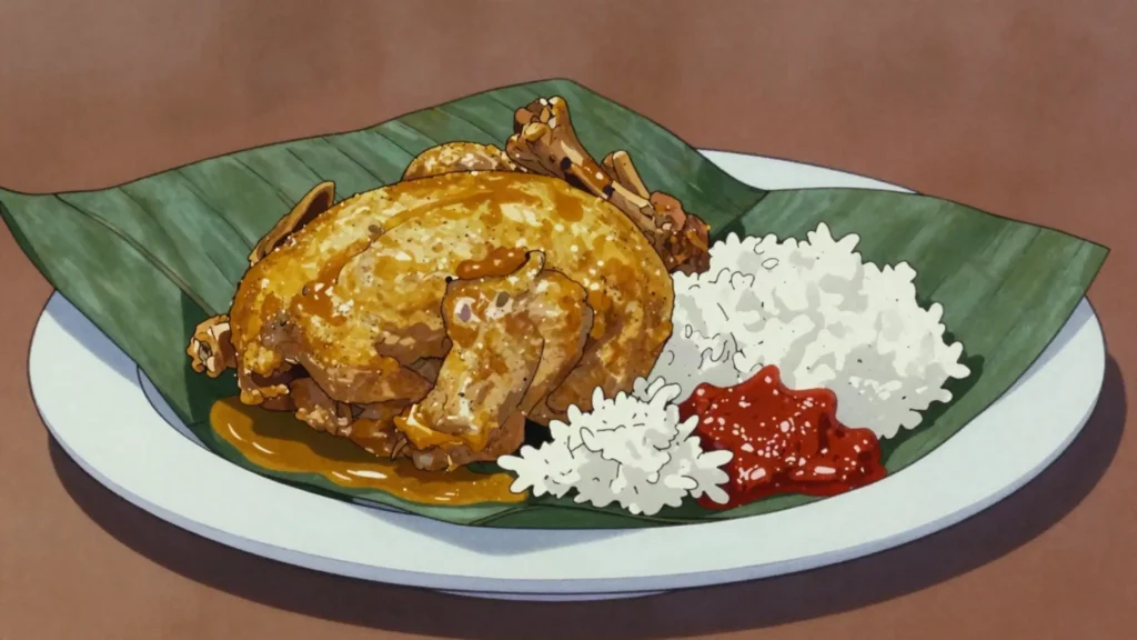 Ayam Betutu, whole chicken packed with spice paste, wrapped in leaves and steamed for hours, Indonesia main, anime style