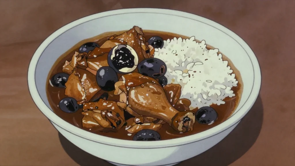 Ayam Buah Keluak, chicken stewed with black nuts whose fermented kernels are scooped out and, Singapore main, anime style
