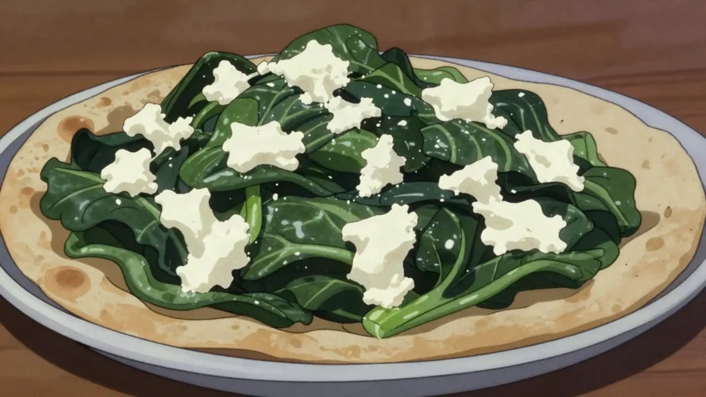 Ayib be gomen, collard greens simmered soft and folded through fresh curd cheese, Ethiopia salad & side, anime style